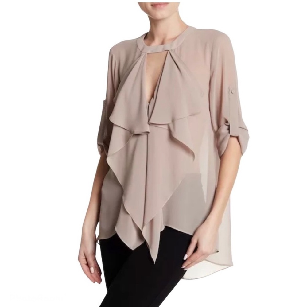 BCBG Enya Long Sleeve Ruffle Drape Front Cut Out Top Tan Cream S Evening Elegant